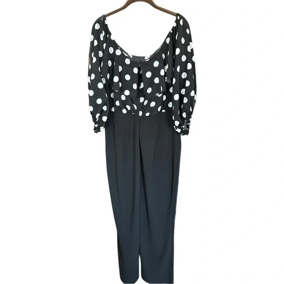 Black & White Polka Dot Off-Shoulder Jumpsuit | Size L | Tall Girl Friendly - Picture 3 of 15